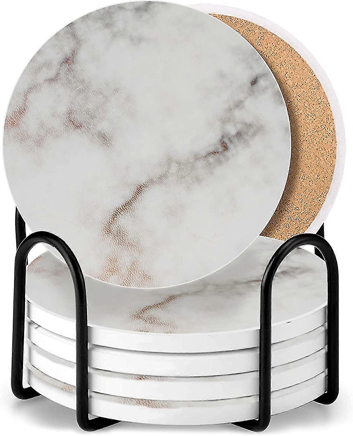 Coasters For Drinks,[6 Pcs] Ceramic Coasters ,round Coasters With Holder And Marble Surface Pattern,ceramic Coasters With Cork Base Suitable For Kinds