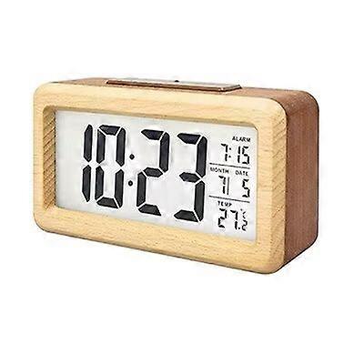 1 pcs Digital Alarm Clock, Wooden Mute, LED Alarm Clock with Temperature Display, Snooze Function, Backlit, 12/24Hr, Date Display, Battery Powered, Be