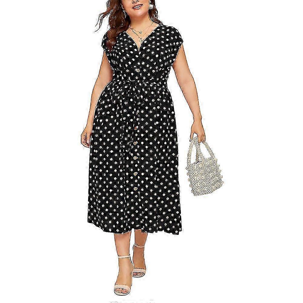 Plus Size Femmes Sans Manches Col V À Pois Chemise Robe Fête Midi Robe