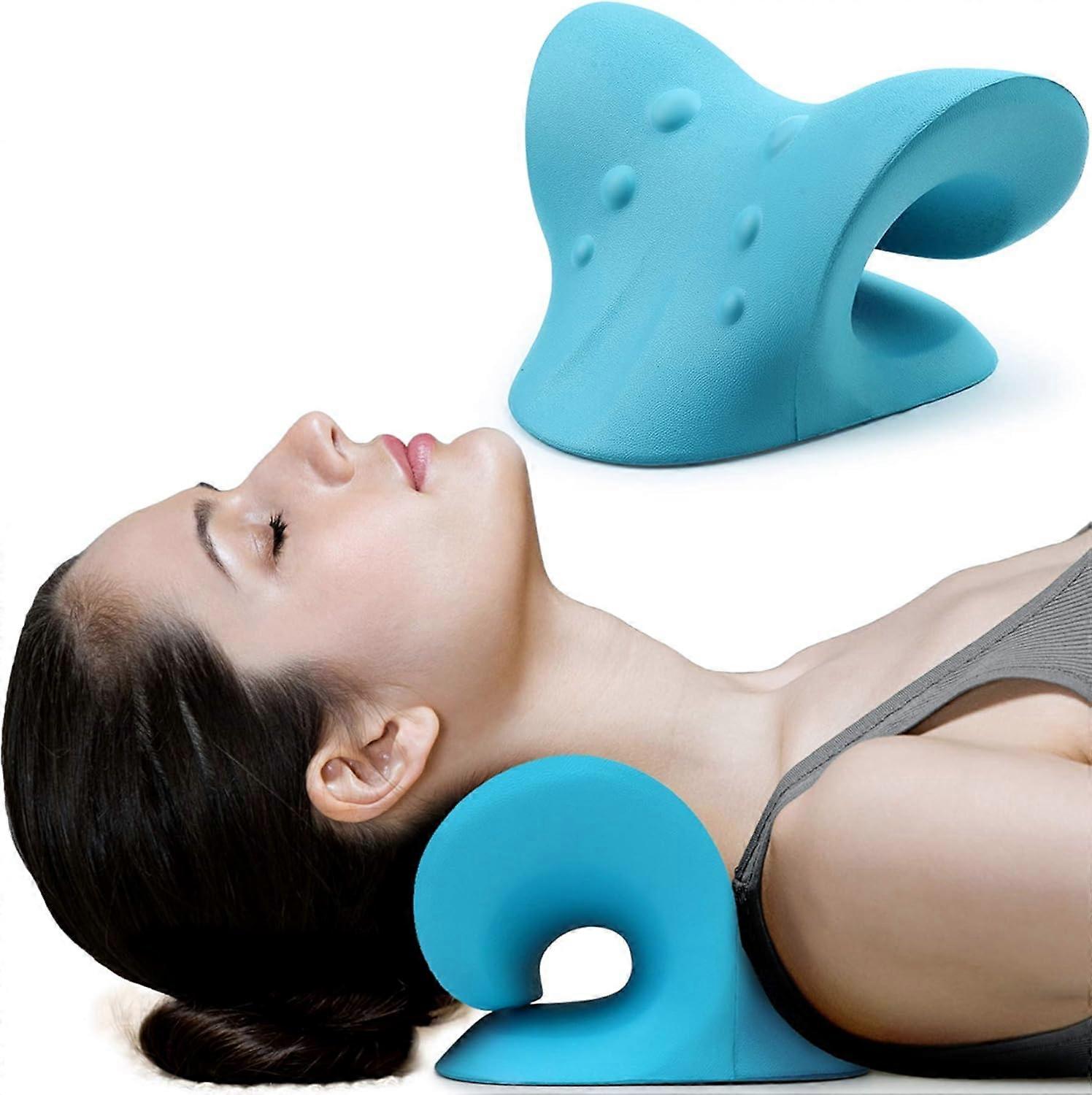 Neck and Shoulder Relaxer, Cervical Traction Device for TMJ Pain Relief and Cervical Alignment, Chiropractic Pillow Neck Stretcher (Blue)