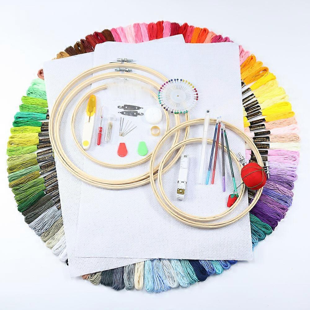 Embroidery Threads Kit, with 100 Colored Threads for 5 Bamboo Circles, 40 Sewing Pins, 3 Aida Embroidery Cloths and Cross Stitch Tool Kit, with Instru