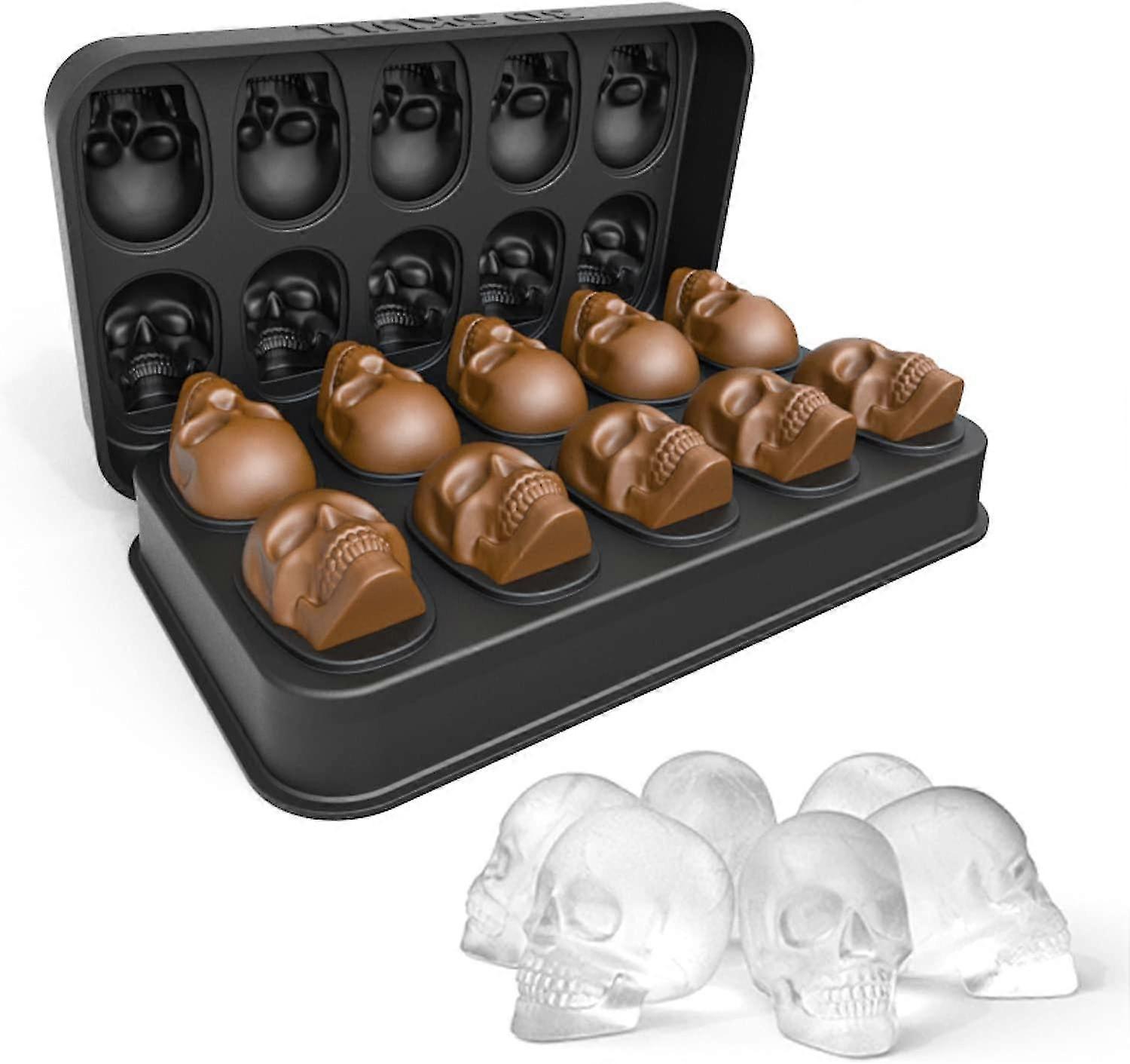 3d Skull Ice Cube Tray With Lid,bpa Free Silicone Ice Cube Moulds Makes 10 Skulls,for Whiskey, Cocktail And Party Drinks