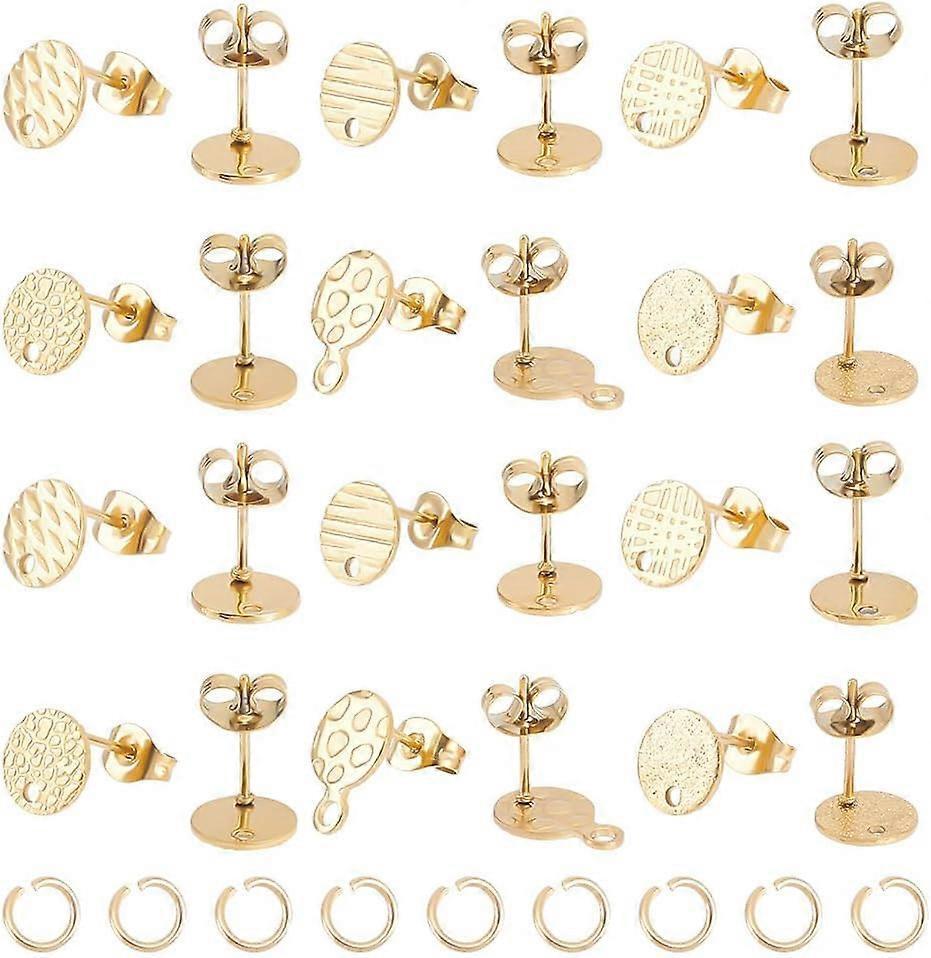 24Pcs 6 Style Ion Plating(IP) 304 Stainless Steel Flat Round Stud Findings with Ear Nuts/Earring Backs and Hole with 24Pcs Open Jump Rings Golden 8~11