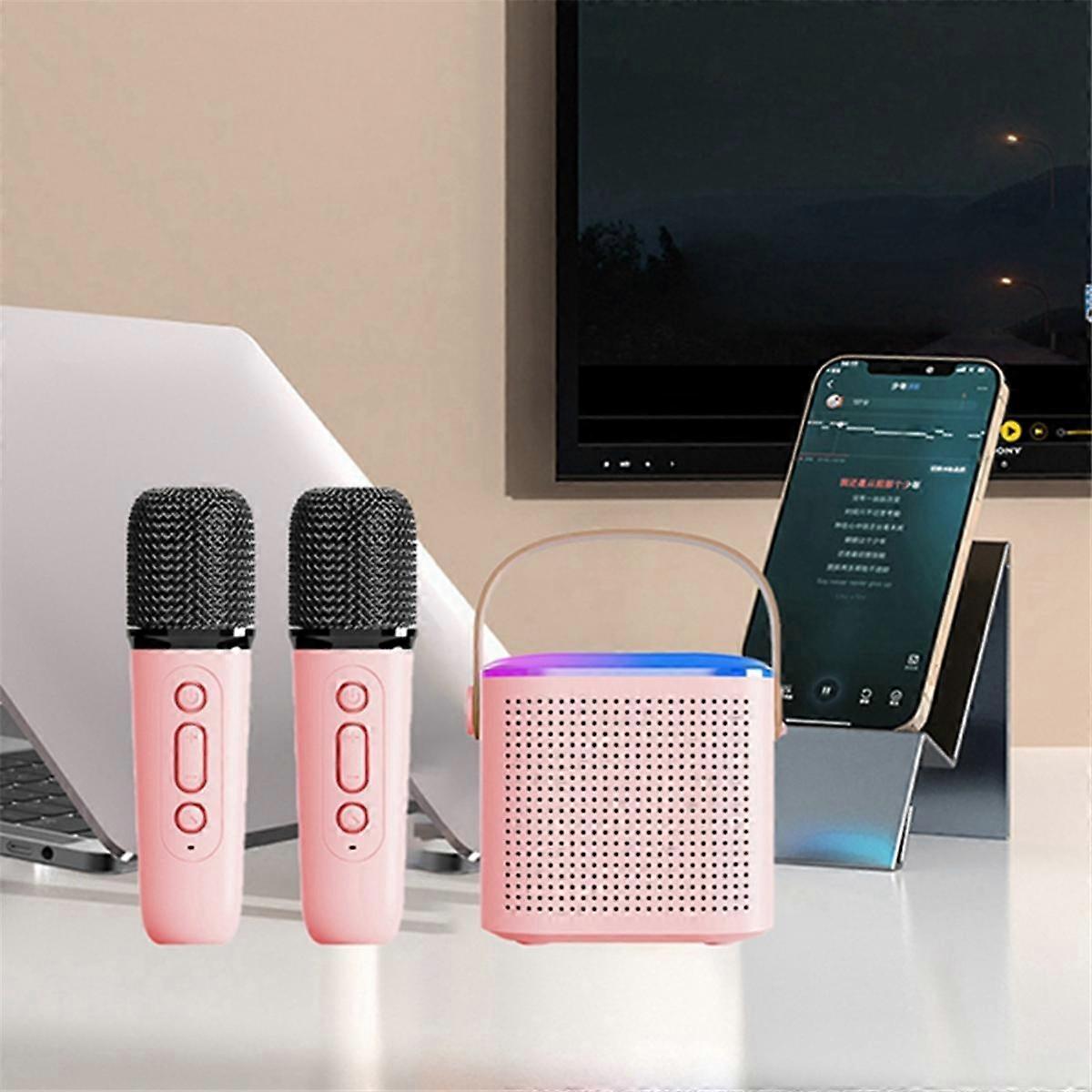 Portable Bluetooth 5.3 Speaker System with 2 Wireless Microphones Home Singing Speaker Pink
