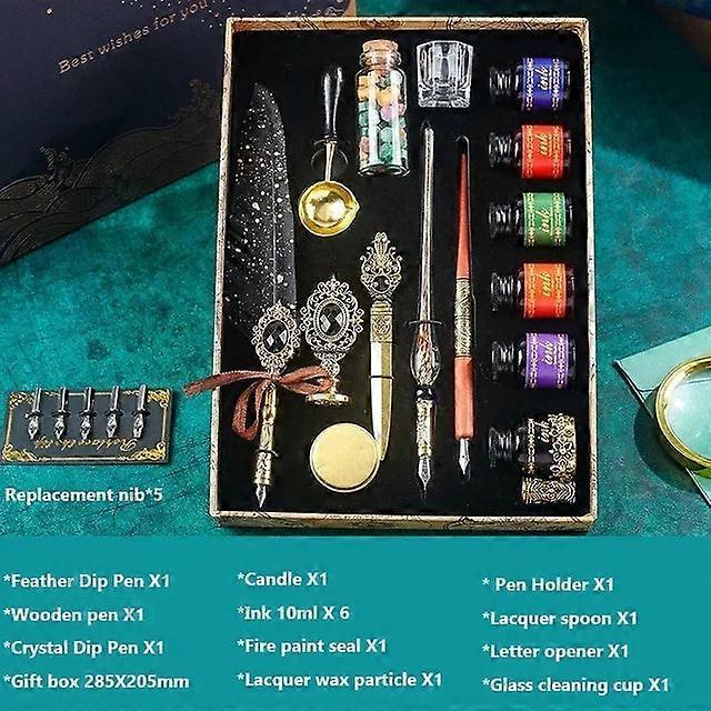 Antique Feather Retro Wooden Dip Pen Set Classic Wax Seal Stamp Kit For Calligraphy Art Words Gifts