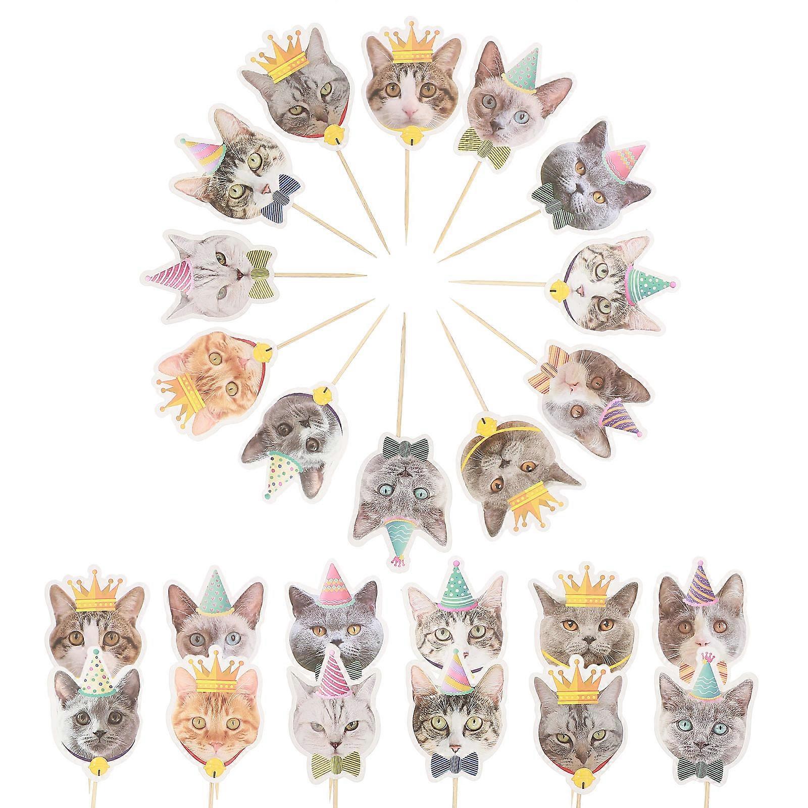 24pcs Simulation Cat Cake Toppers Cat Birthday Party Cake Picks Pet-themed Party Decorations Lifelike Paper Crafts for Birthday Evening Use