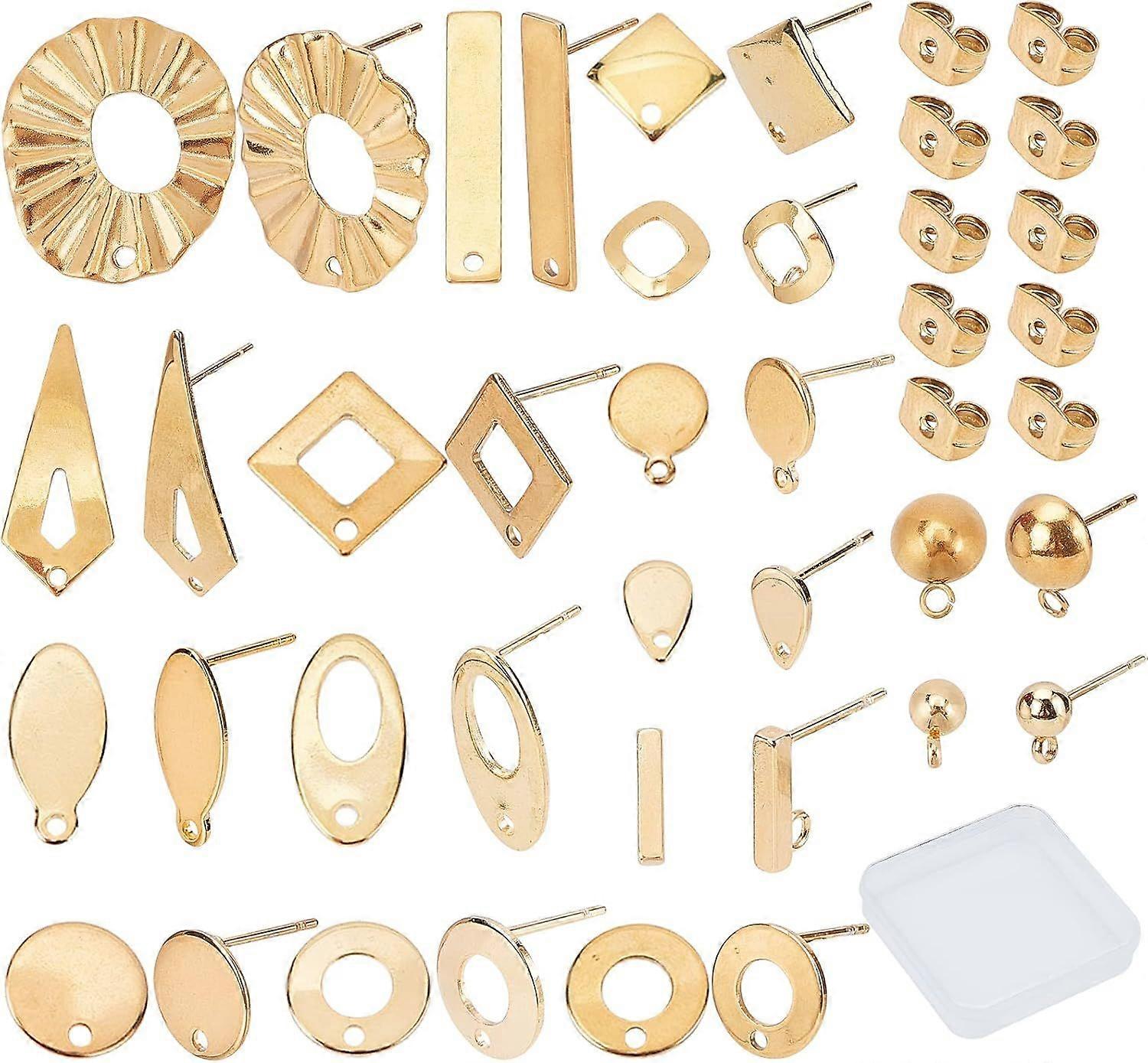 1 Box 46Pcs 16 Styles Stainless Steel Stud Earring Finding Including 32pcs Hypoallergenic Ear Stud & 14Pcs Ear Nuts for Women Beginners DIY Earring Je