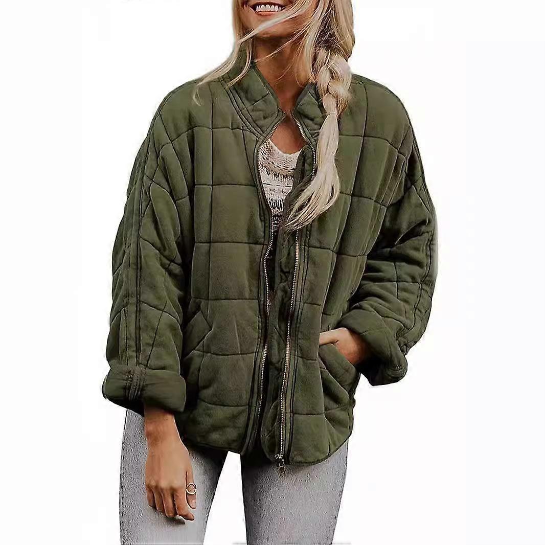 Solid Colour Standing Collar Zip Cotton Jacket Autumn And Winter Women's Loose Long Sleeve Pocket Jacket