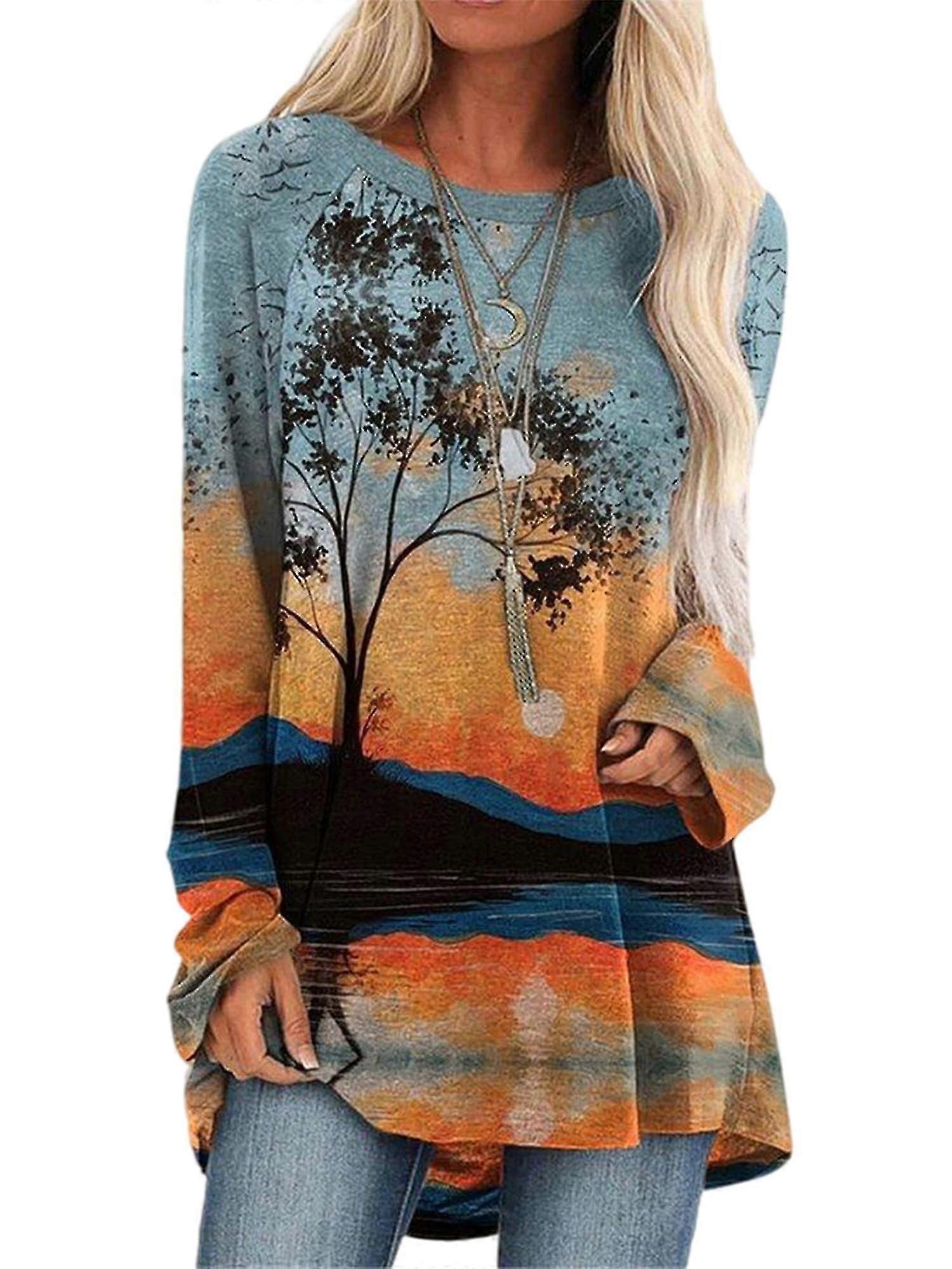 Women Long Sleeve Pullover Button V Neck Ethnic Style Autumn Fall Basic Tunic Blouse Top