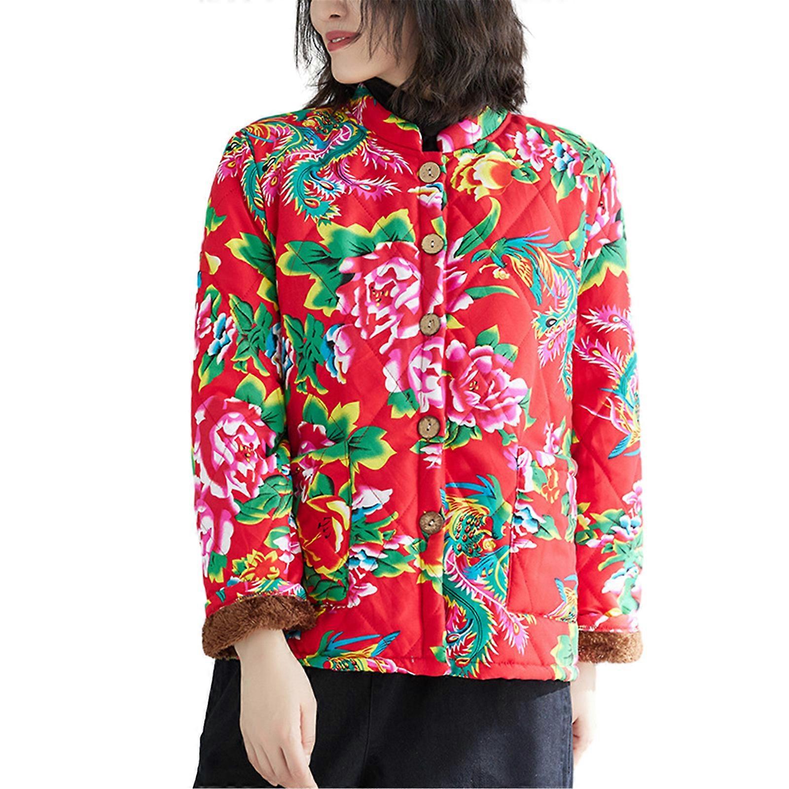Blumendruck Stehkragen Baumwollmantel Langarmjacke mit Tasche Halten Sie sich warm und sehen Sie modisch aus Rot XL