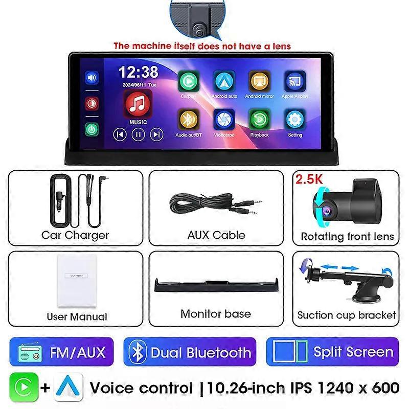 Jansite 10,26" Wireless CarPlay kompatibel für Auto DVR Stere 2,5K Dashcam Rotation Frontkamera Recoder Android Auto Dual Objektiv mit Halterung