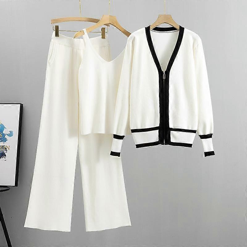 Spring and Autumn New Women's Clothing Slim Knitted Cardigan Hanging Strap Wide Leg Pants Three Piece Set