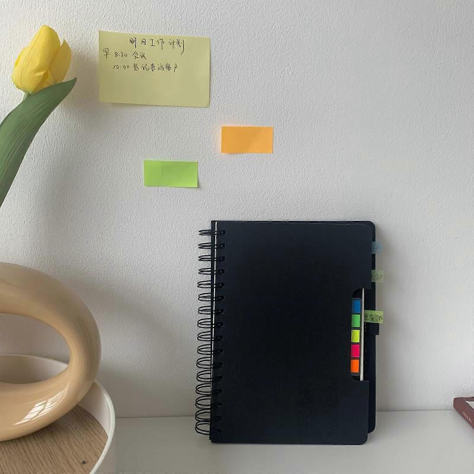 2 Pieces Spiral Notebook Steno Business Notepad Wide Ruled Notebooks with Pen Holder and Sticky Notes Index Tabs Page Markers 180Sheets