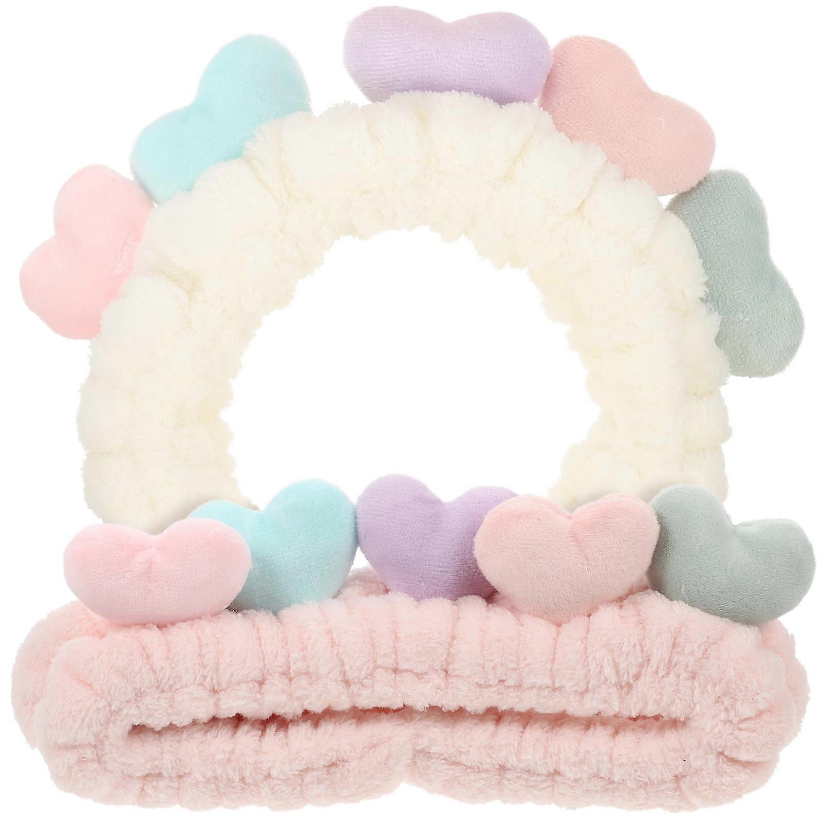 Plush Heart Headband for Makeup Women Elastic Stretchy Band Pink 2Pcs