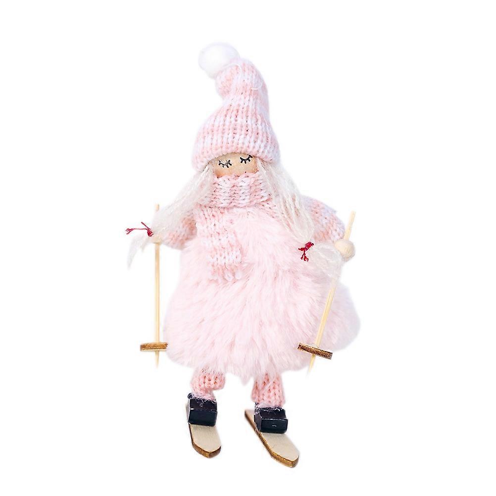 Pink Woolen Christmas Hanging Plush Doll Skiing Pendant Home Decoration 15x7x3cm for Room and Party 1Pcs