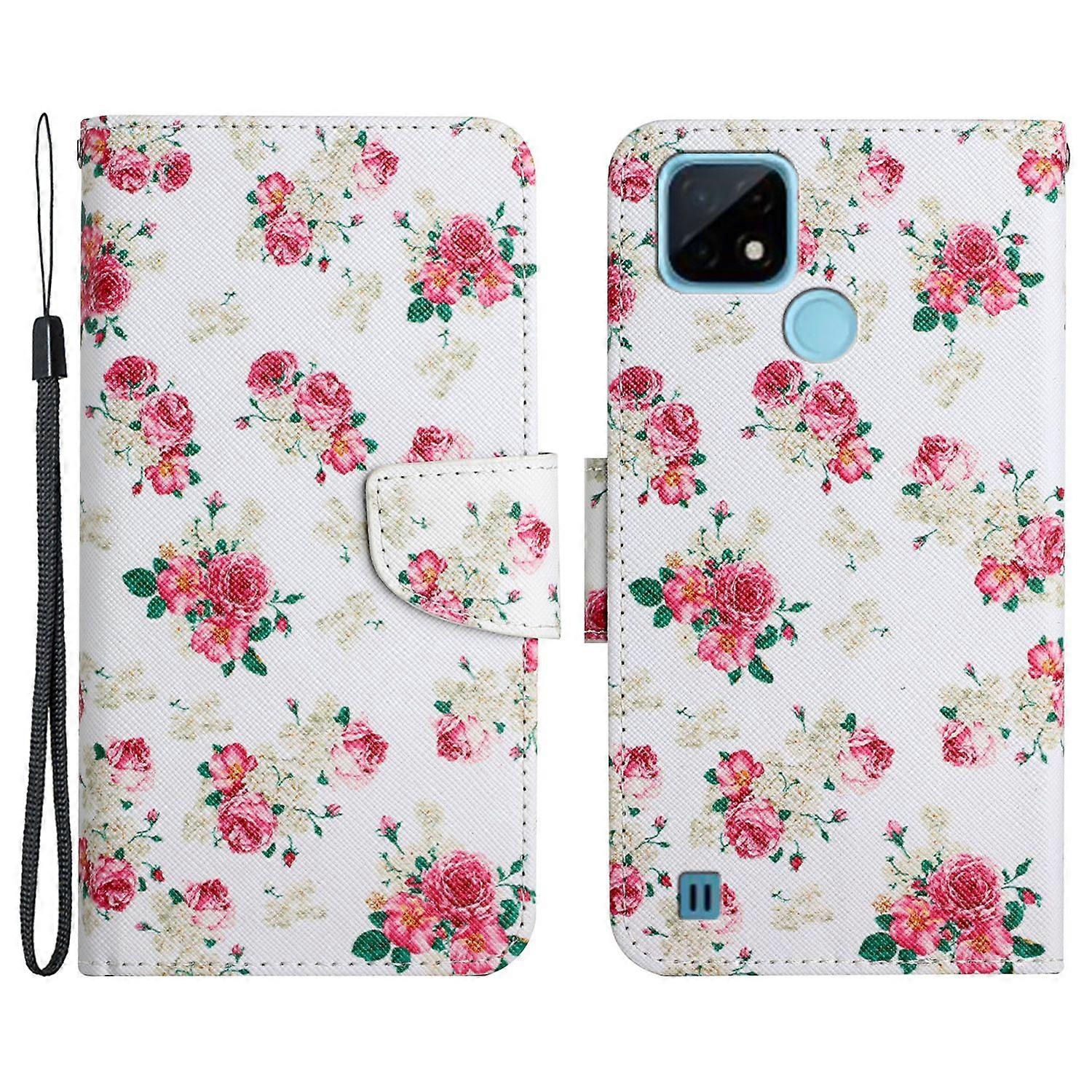 Cross Texture Pattern Printing Phone Case Stand Wallet Shockproof Leather Cover with Wrist Strap for Realme C21