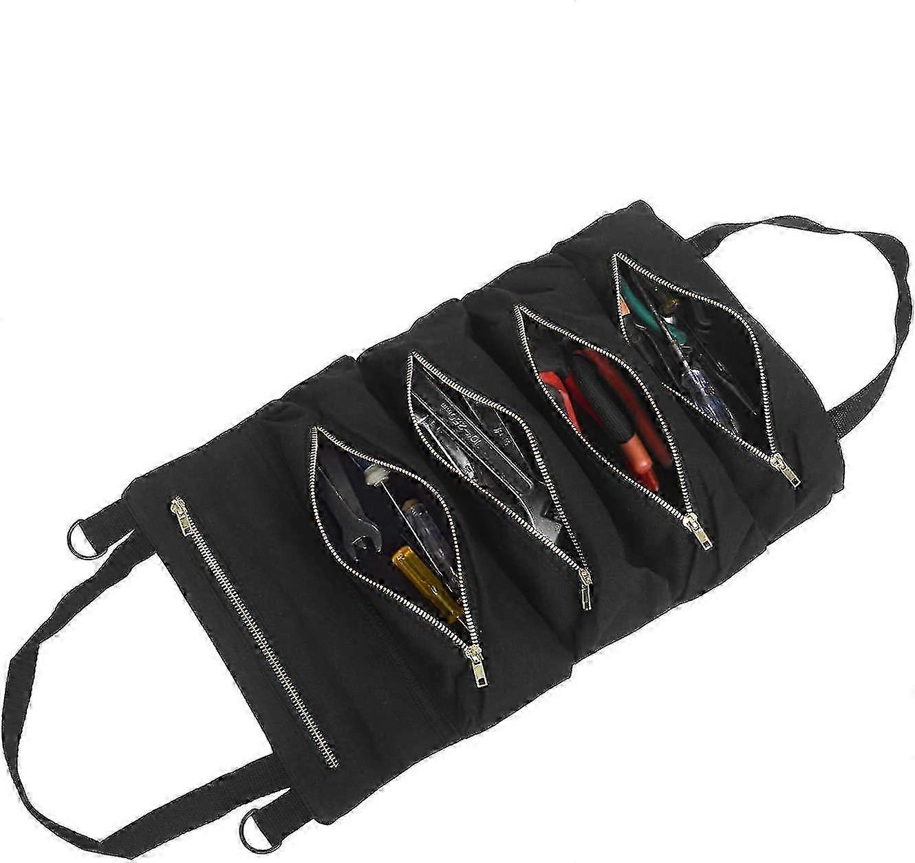 Roll Up Tool Bag with 5 Zippered Pockets for Car Motorcycle Electricians