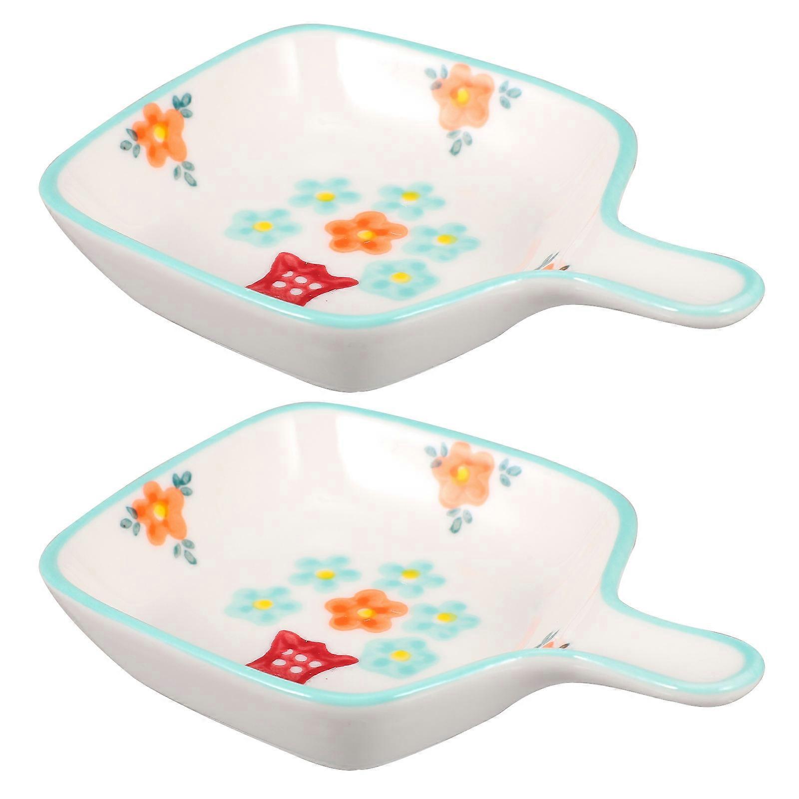 Ceramic Sauce Dish Square Appetizer Plate for Home Moving present Blue Handle Design Easy 2Set
