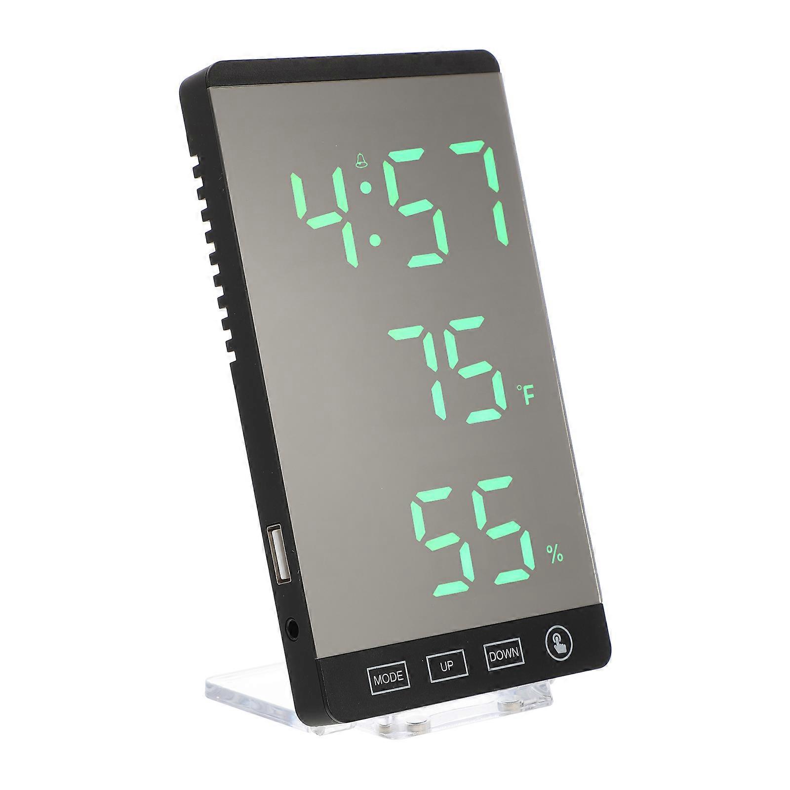 Green LED Mirror with Hygrometer Electronic Clock Alarm Function for Home Use ABS Acrylic 1 Set