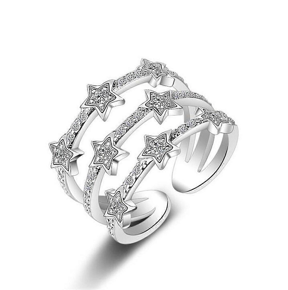 Women's Sterling Silver Adjustable Ring with Hypoallergenic Glitter Cubic Zirconia Stars for Index Finger - Cute Three Lines Design