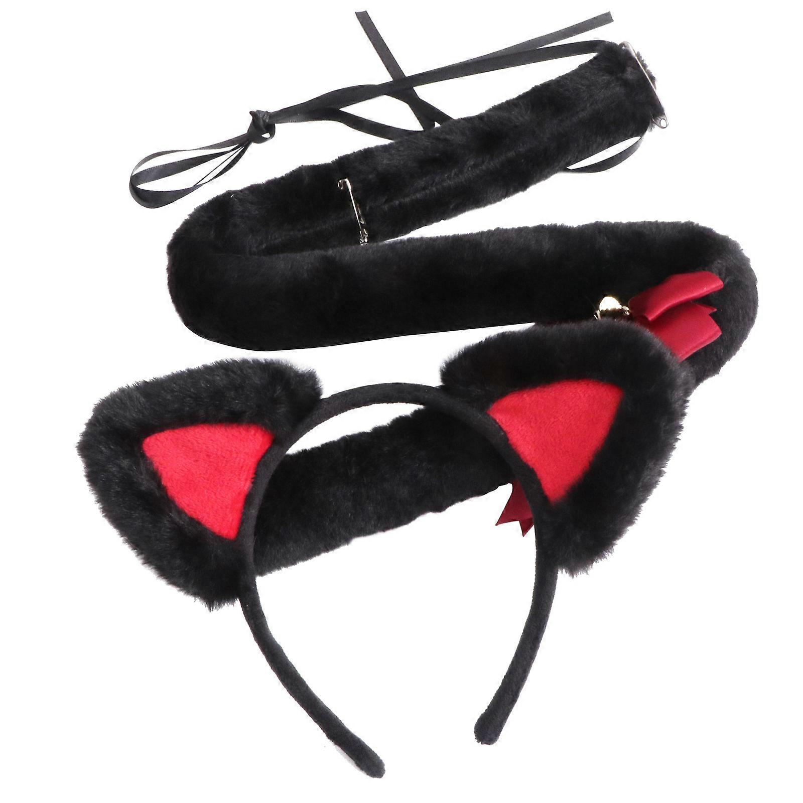 Cat Ears Headband with Tail Cosplay Design Masquerade Accessory Red 70x25cm