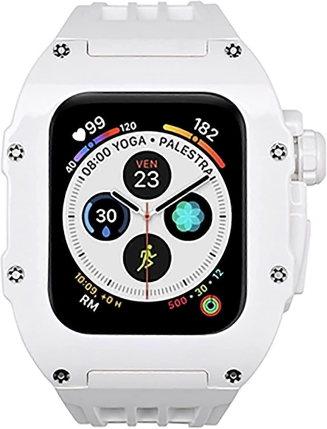 RM Mod Kit Plastic Case + Fubber Band For Apple Watch Ultra 49mm And iWatch 4-8 44/45mm, PC Bezel And White DIY Strap