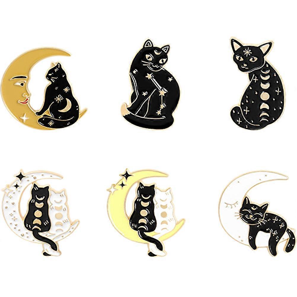 Chic Appearance Cartoon Cat Moon Brooches 6Pcs Alloy Decorative Pins For Girls Suitable For Multiple Occasions