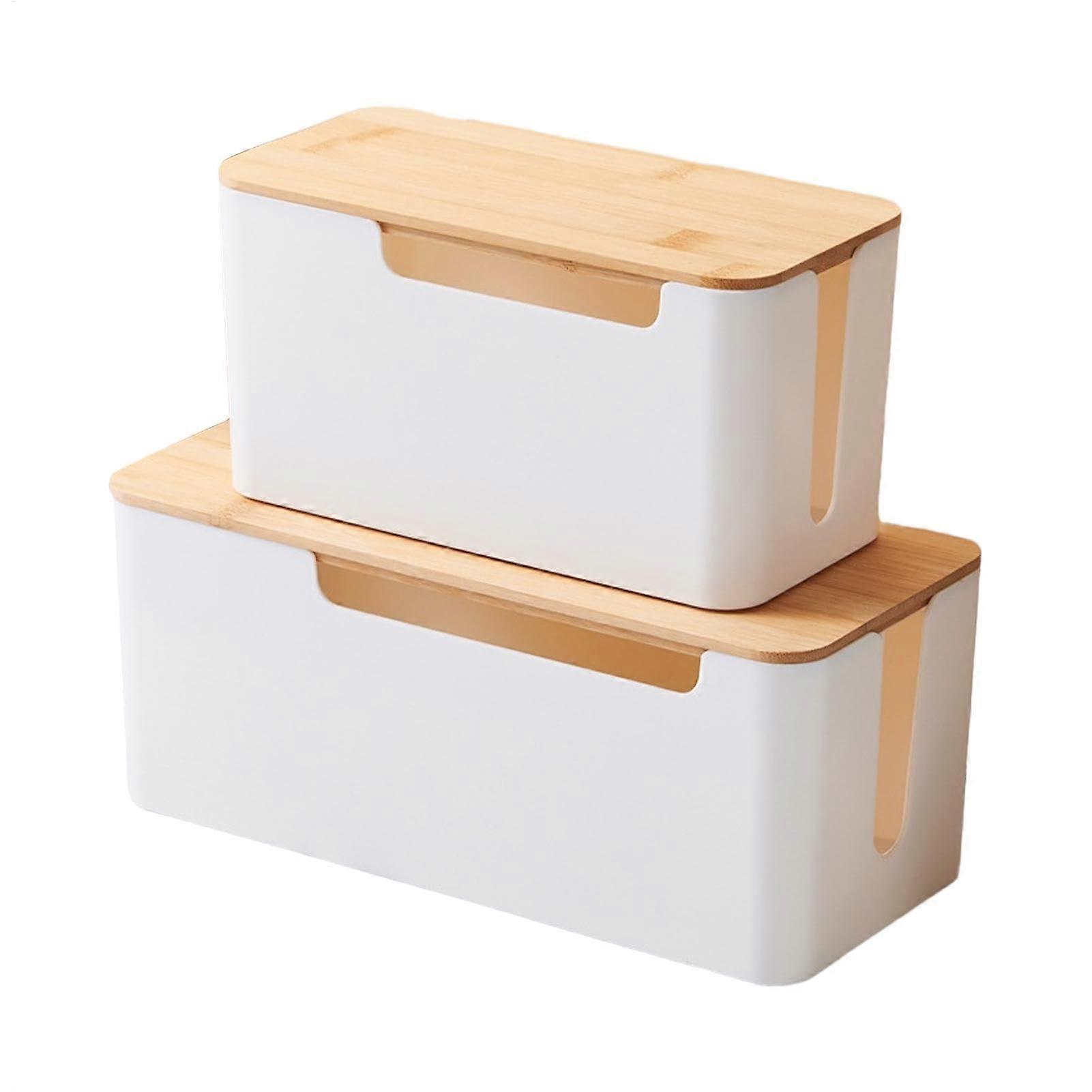 2 x Cable Management Box with Lid for Computer Routers, Power Strips (White, Black)
