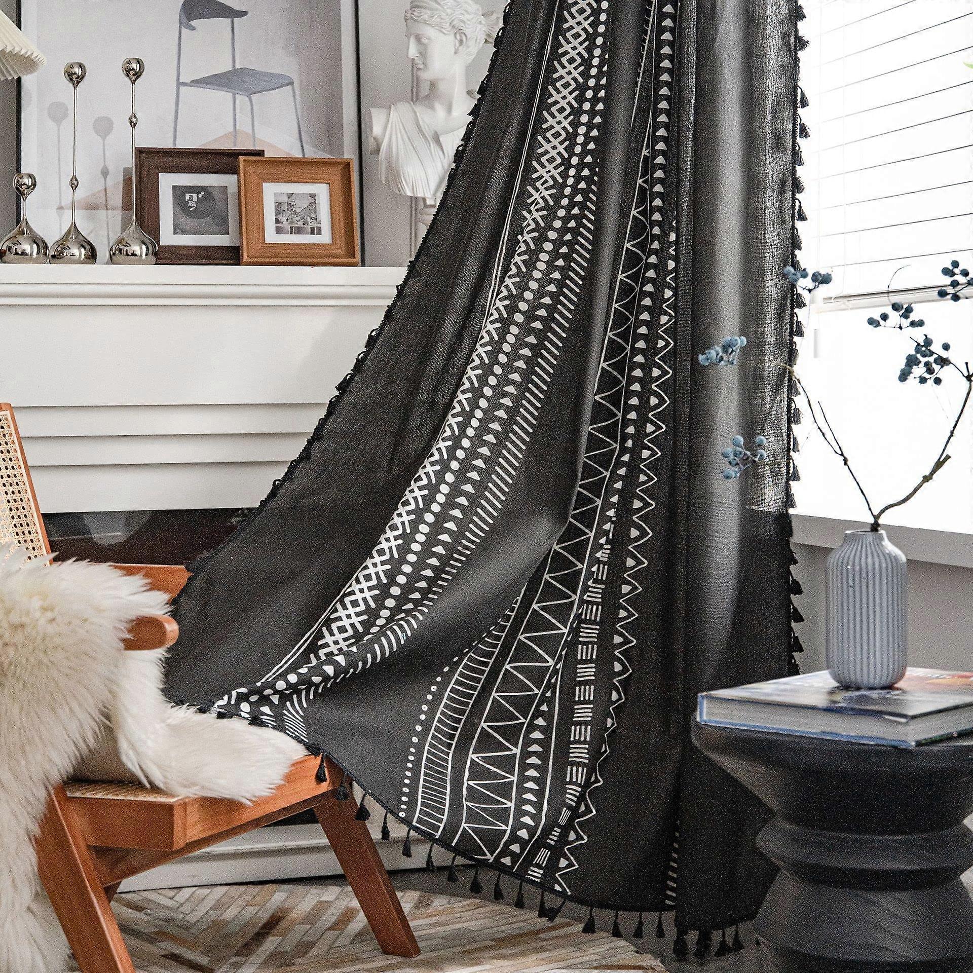 Black Boho Curtains with Tassels  Soft Cotton Linen, SemiBlackout, Geometric Pattern