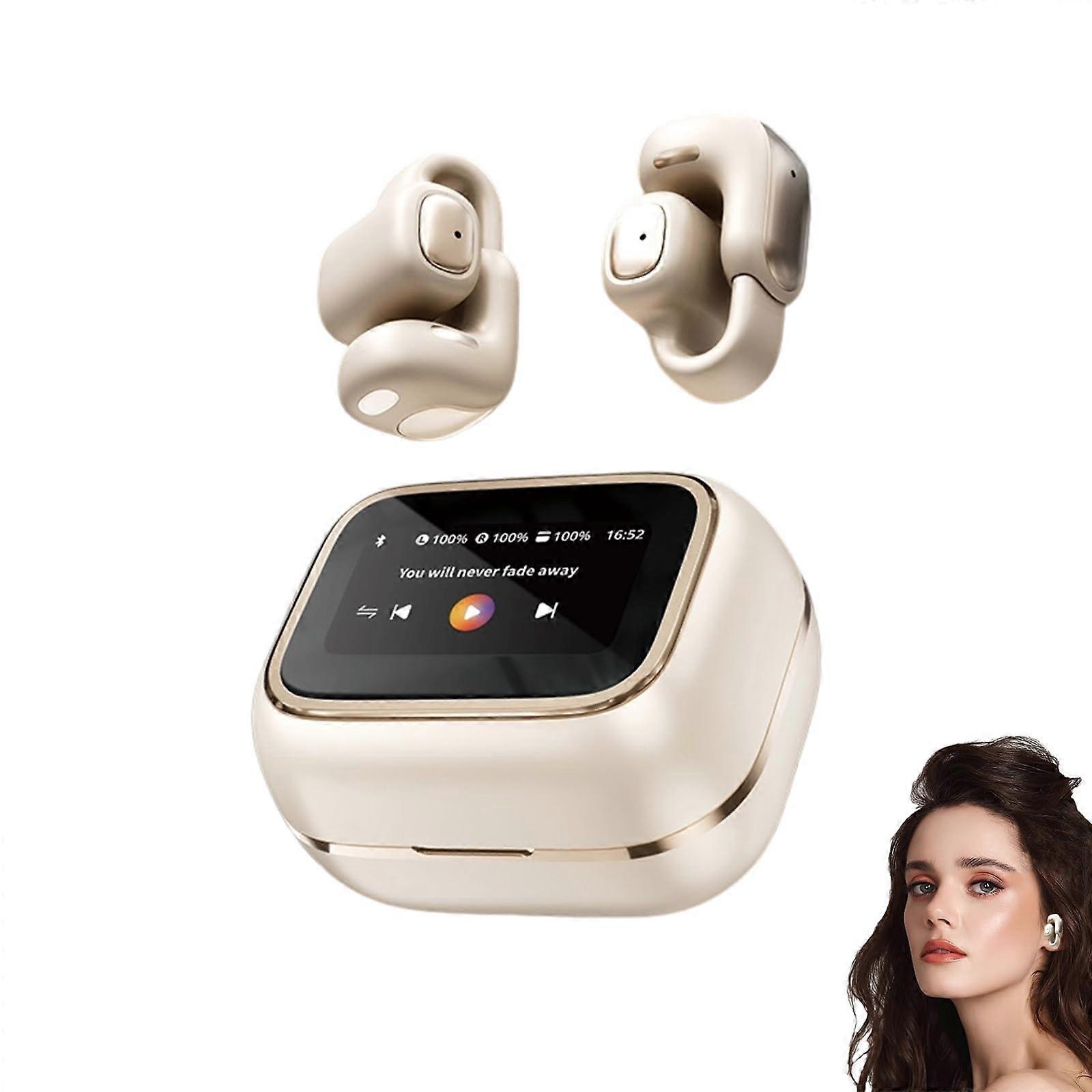 XF28 Clipon Open Ear Translation Wireless Earbuds AI Language Translation 135 Languages LCD Touch Screen Beige