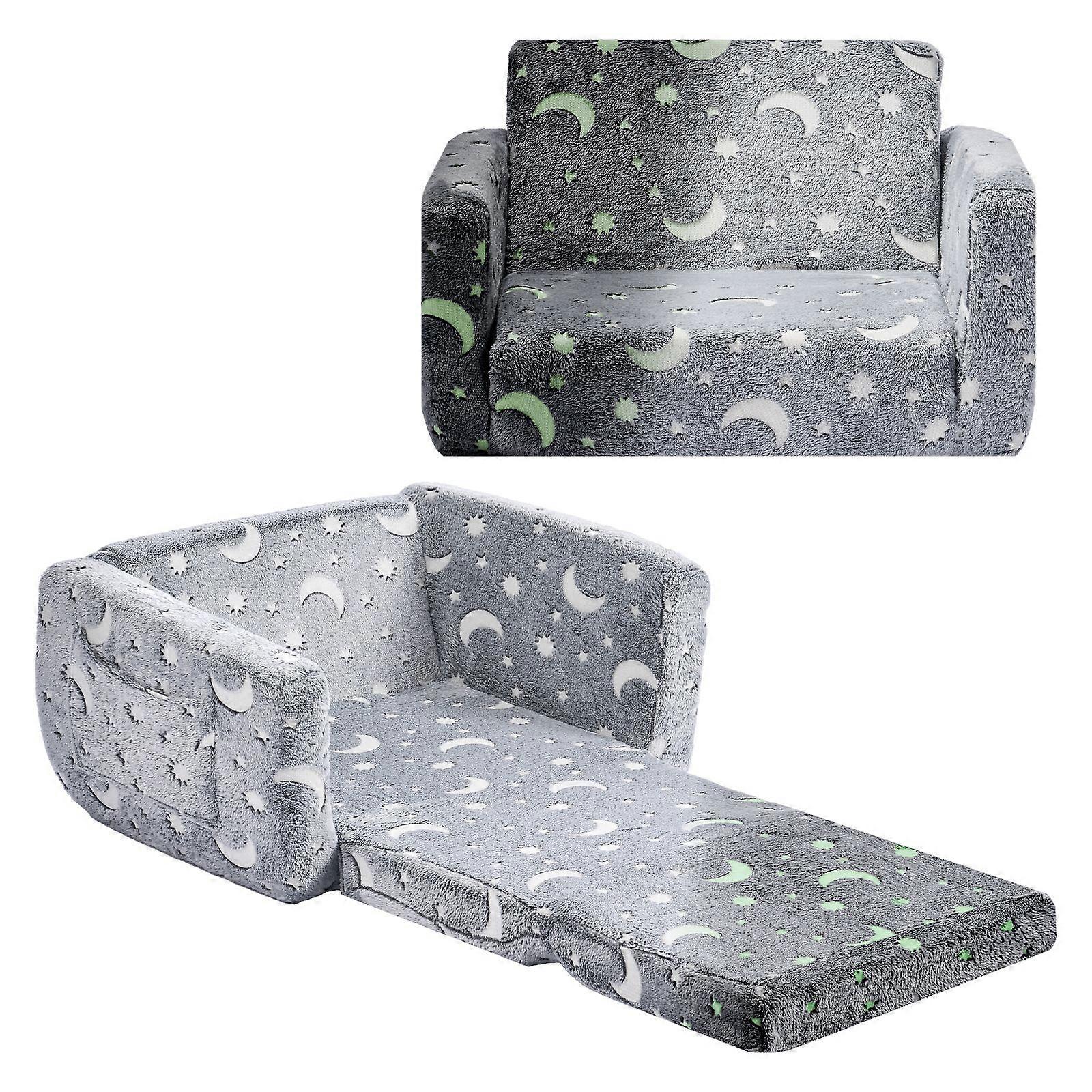 2-in-1 Kids Sofa, Foldable Toddler Soft Couch with Armrests, Kids Couch Fold Out with 28D Sponge & Flannel, M, Gray