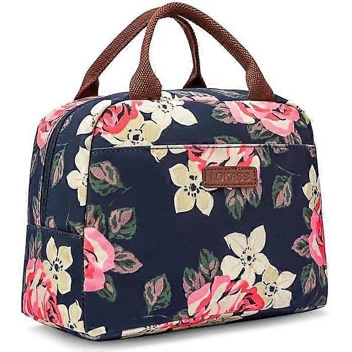 Portable Insulated Lunch Bag Suitable for Picnics, Lunch Bag for Women, Blue Background-Peony