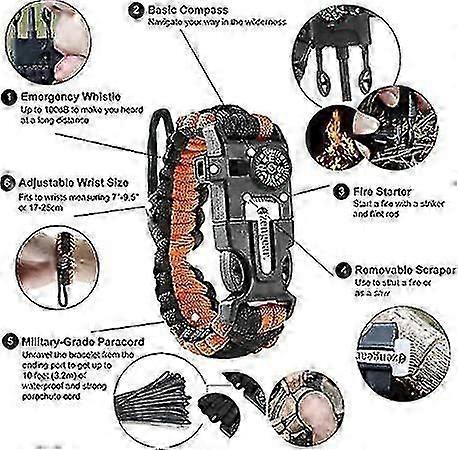 Survival Bracelet - Flint And Steel Igniter, Whistle, Compass, Adjustable Strap Size For Camping, Jungle Flying, Emergency Kit (pair - Black, Orange)j