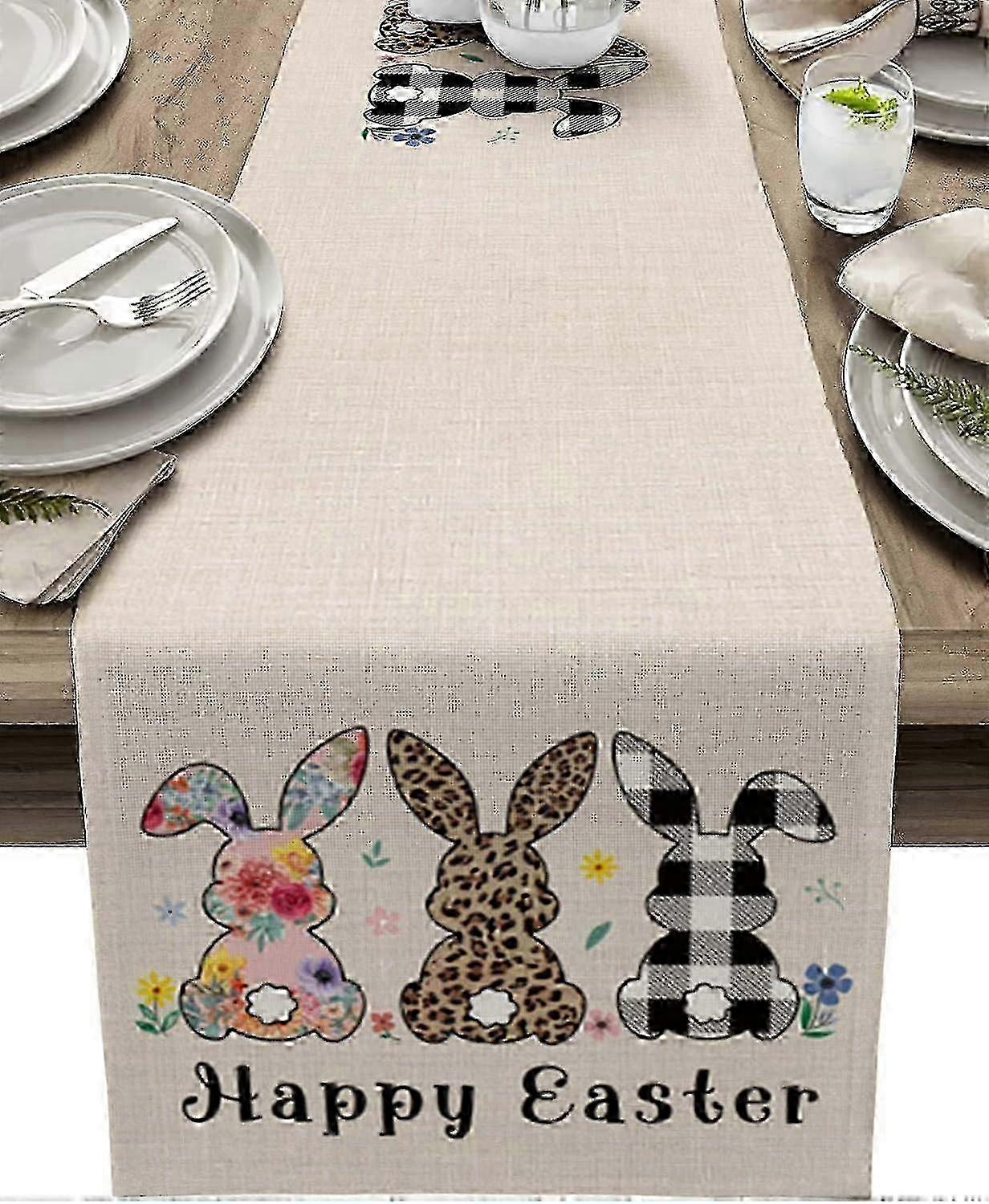 Cute Rabbit Leopard Print Table Runner for Easter Spring Parties: Stripes & Spring Flowers Decorative Sup2025