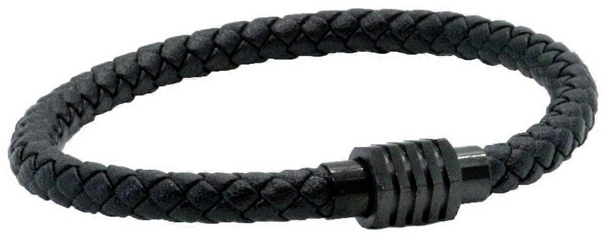 David Van Hagen Ribbed Clasp Leather Bracelet  - Black