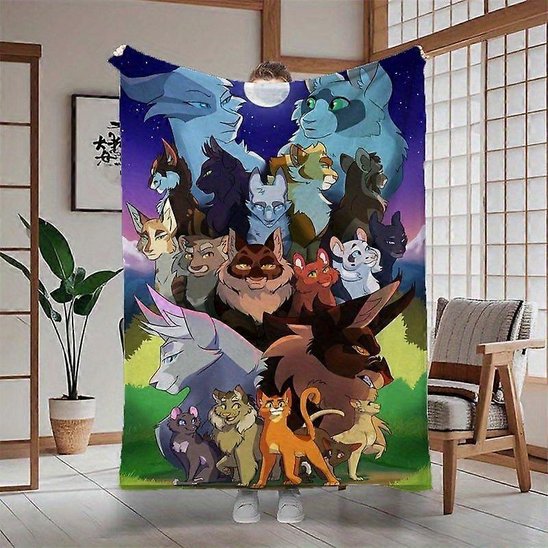 Warrior Cats Themed Ultra-Soft Flannel Blanket - Vibrant Digital Print with 12 Unique Cat Characters, All-Season Machine-azxcv445