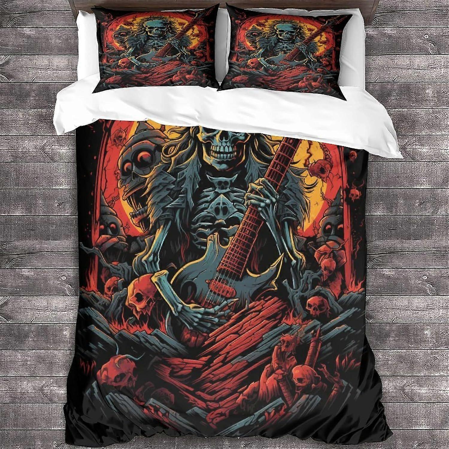 Rock 'n' Roll 3D Skull Print Duvet Cover Set Heavy Metal Guitar Bedding Sets com fechamento de zíper escondido, Microfiber poliéster edredom capa de colcha para