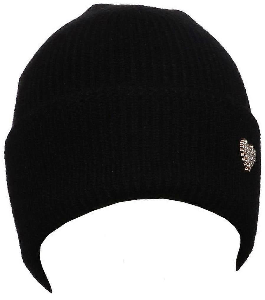 Zelly Heart Brooch Beanie Hat - Black