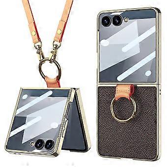 For Samsung Galaxy Z Flip7 5G Case Ring Kickstand PU Leather + PC Phone Cover with Small Screen Film / Shoulder Strap
