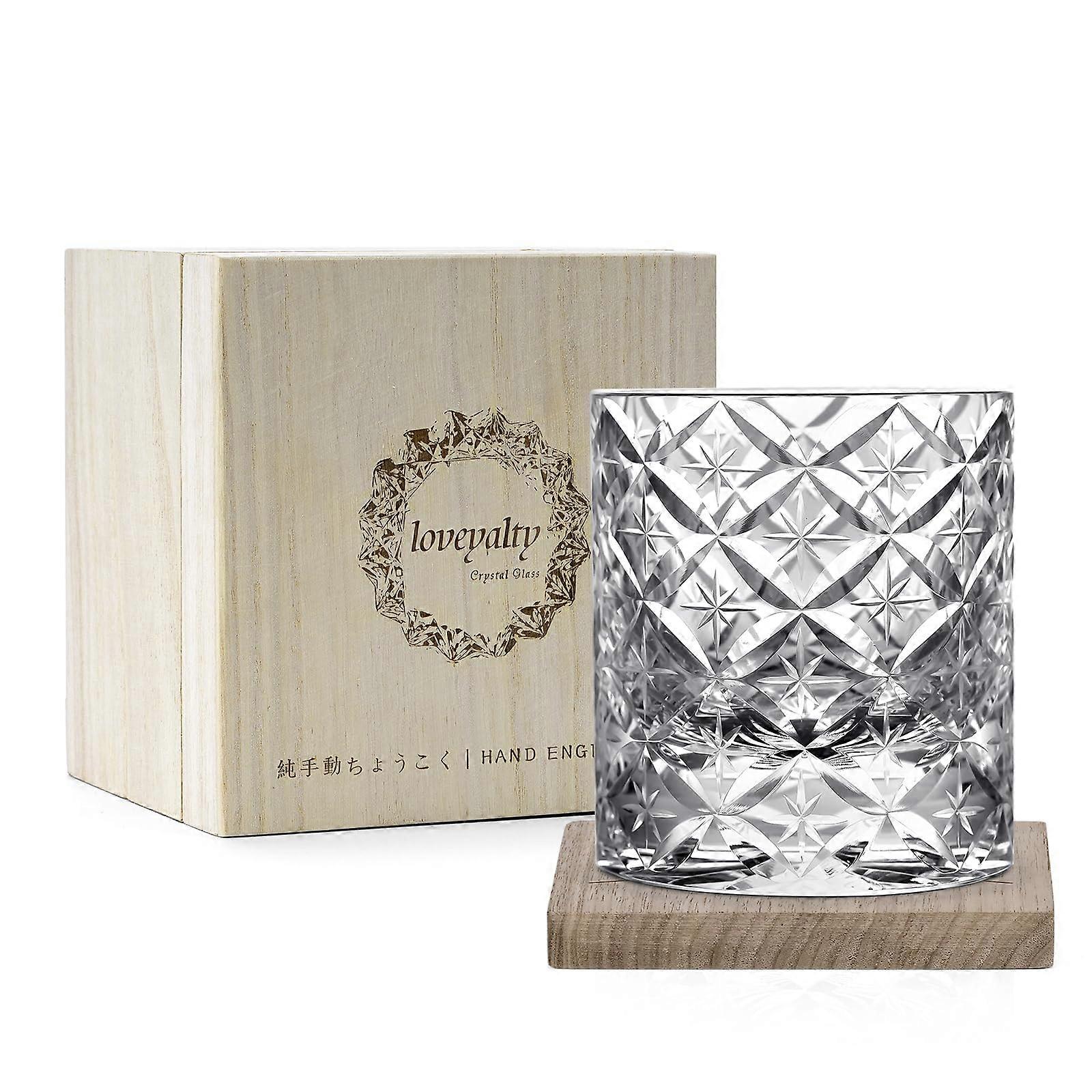 Whiskey Glasses Set Handcut Crystal with Solid Walnut Coasters in Elegant Wooden Gift Box