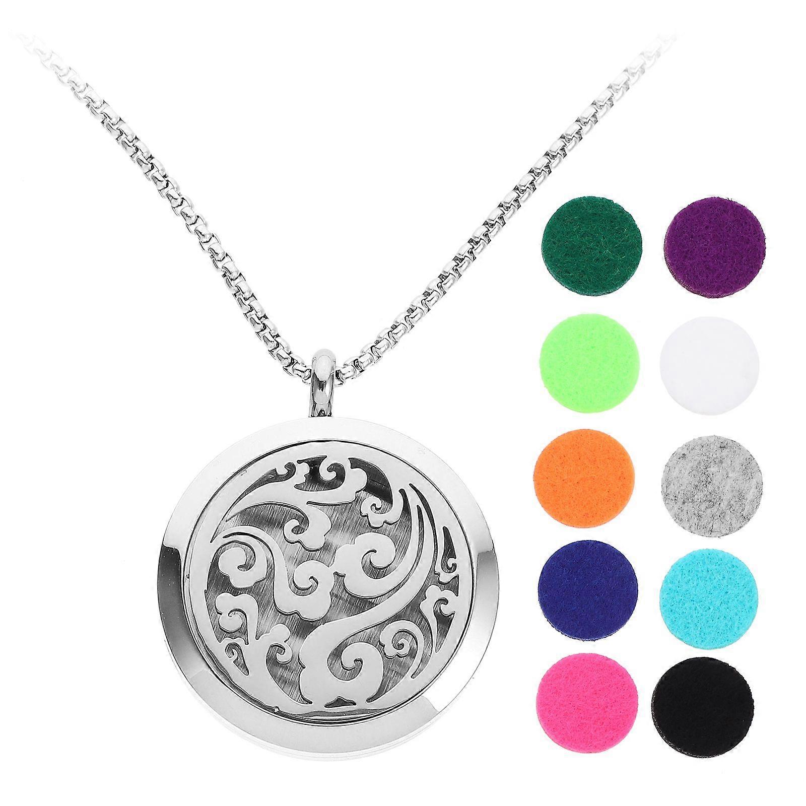 Essential Oil Diffuser Necklace Aromatherapy Diffuser Locket Pendant Set with 10 Color Refill Pads and Chain (Silver)
