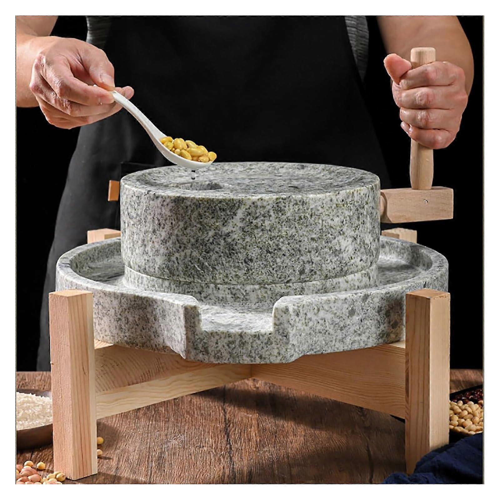 Manuel stenmølle til mel med træramme, 25 cm håndsving til granitslibning