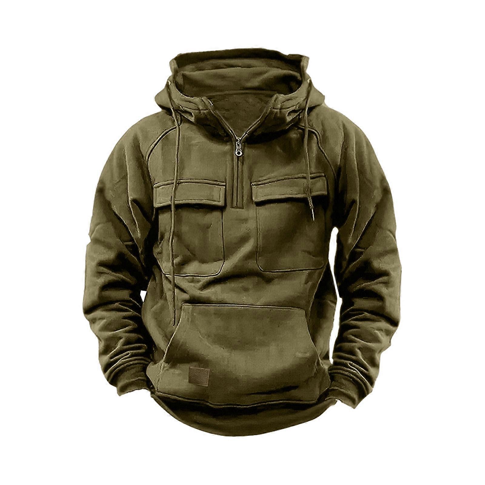 Spring Autumn Men Hoodie Cargo Style Drawstring Big Patch Pocket Half Zipper Long Sleeves Solid