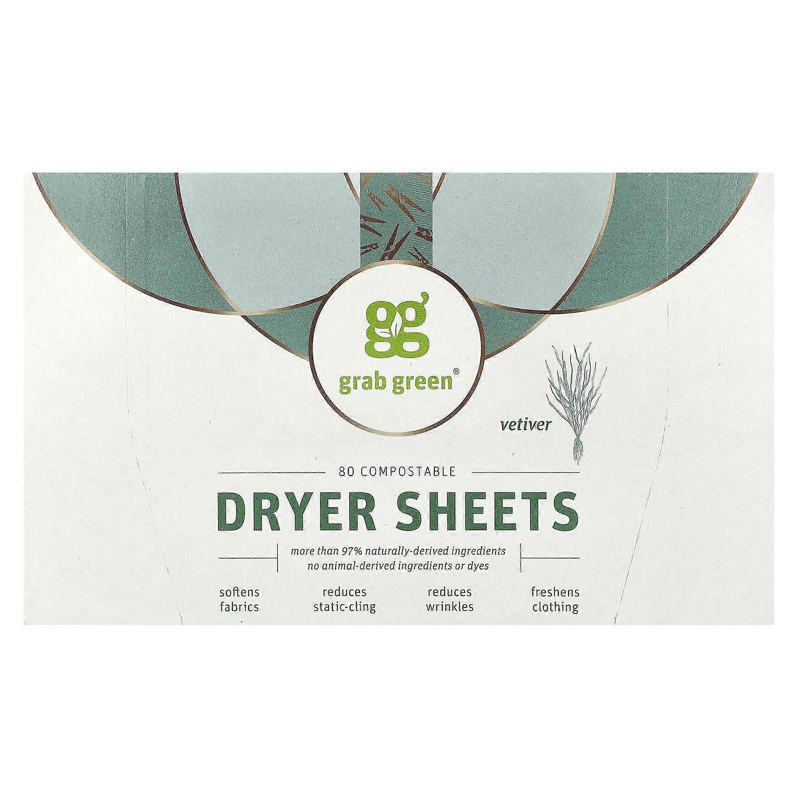 Grab Green, Dryer Sheets, Vetiver, 80 Compostable Sheets, 2-Pack
