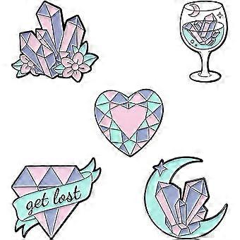 5Pieces Enamel Pin Sets with Diamond Crystal Clusters Moon Wine Glasses Brooch Pins for Girls Kids Gift Lapel Pins Accessory for Backpacks Badges Hats