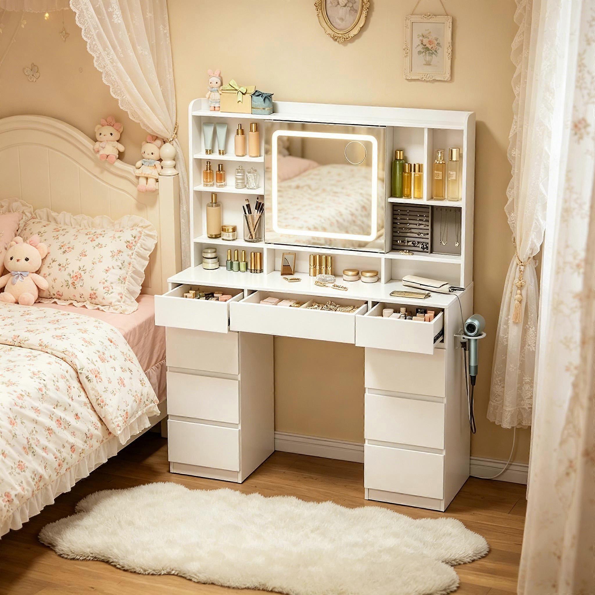 Modern changing table, changing table with versatile storage space, spacious table with integrated power outlets (only with makeup table)