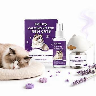 Kit apaisant pour chats, idéal pour les nouveaux foyers et les foyers avec plusieurs chats. Comprend un chauffe-plats, une recharge de 45 ml et un spray apaisant de 60 ml. Sans odeur, à basse température et sans danger pour un usage quotidien.
