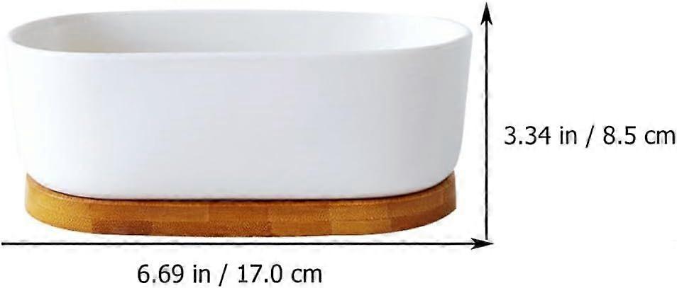 2Pcs White Ceramic Plant Pots with Bamboo Saucer, Rectangular