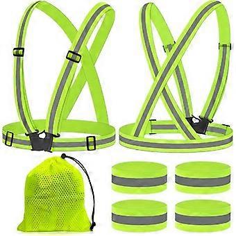 2-Piece Bicycle Safety Vest + 4-Piece Safety Wristbands, Adjustable Reflective Harness, Unisex Fluorescent Vest for Running, Cycling, Motorcycling