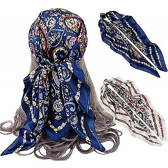 2 Pack 35" Satin Silk Like Hair Scarf Bandana Light Head Wraps Neck Face Scarves Cover for Women, Flower Navy+White